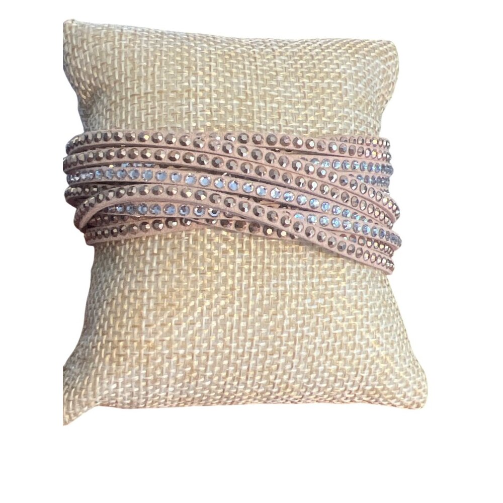 Faux Suede Tan Wrap Bracelet Gold Silver Tone Rhinestones Snaps 2 Sizes 14" 15"